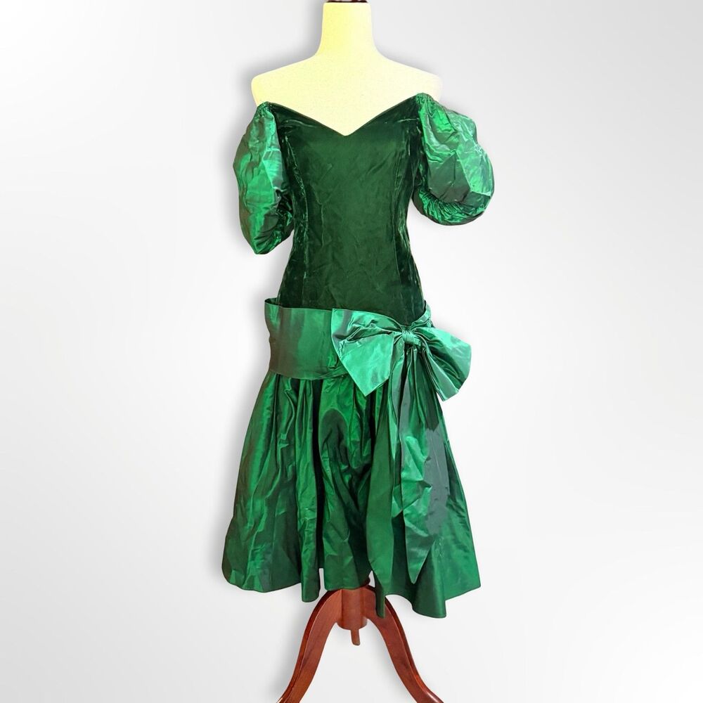Vintage 80's, Forest Green Drop Waist Velvet Taffeta Party Dress, M Retro Glam